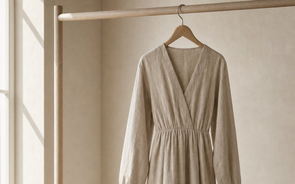 A linen dress on a wooden hanger, hung from a rail in sunlight.