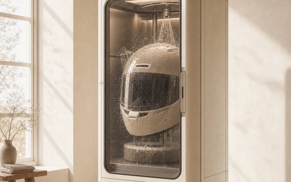 A motorcycle helmet on a stand inside a lit cleaning cabinet, under a fine spray of water.