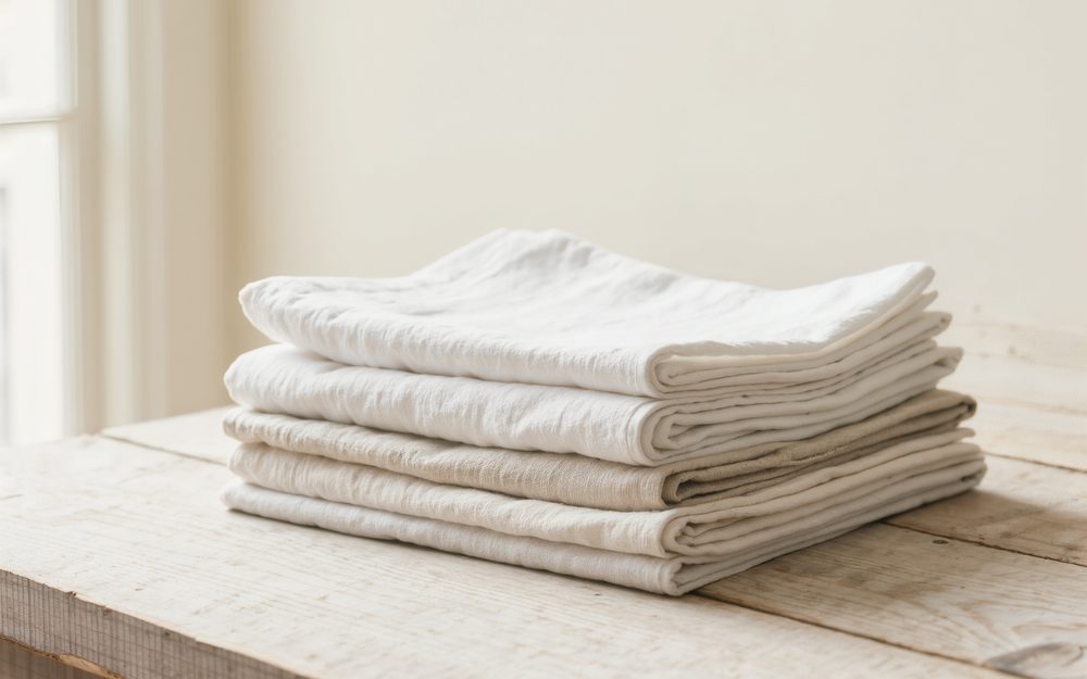 A stack of folded white linen on a weathered timber bench beside a window.