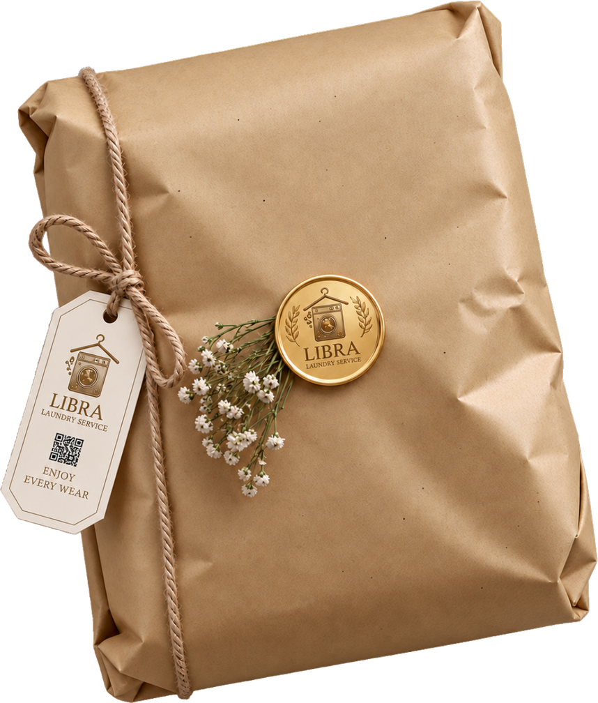 A finished order wrapped in kraft paper, tied with twine, sealed with a gold Libra wax seal and a sprig of baby's breath, with the Libra hang tag and its QR code reading "Enjoy every wear".