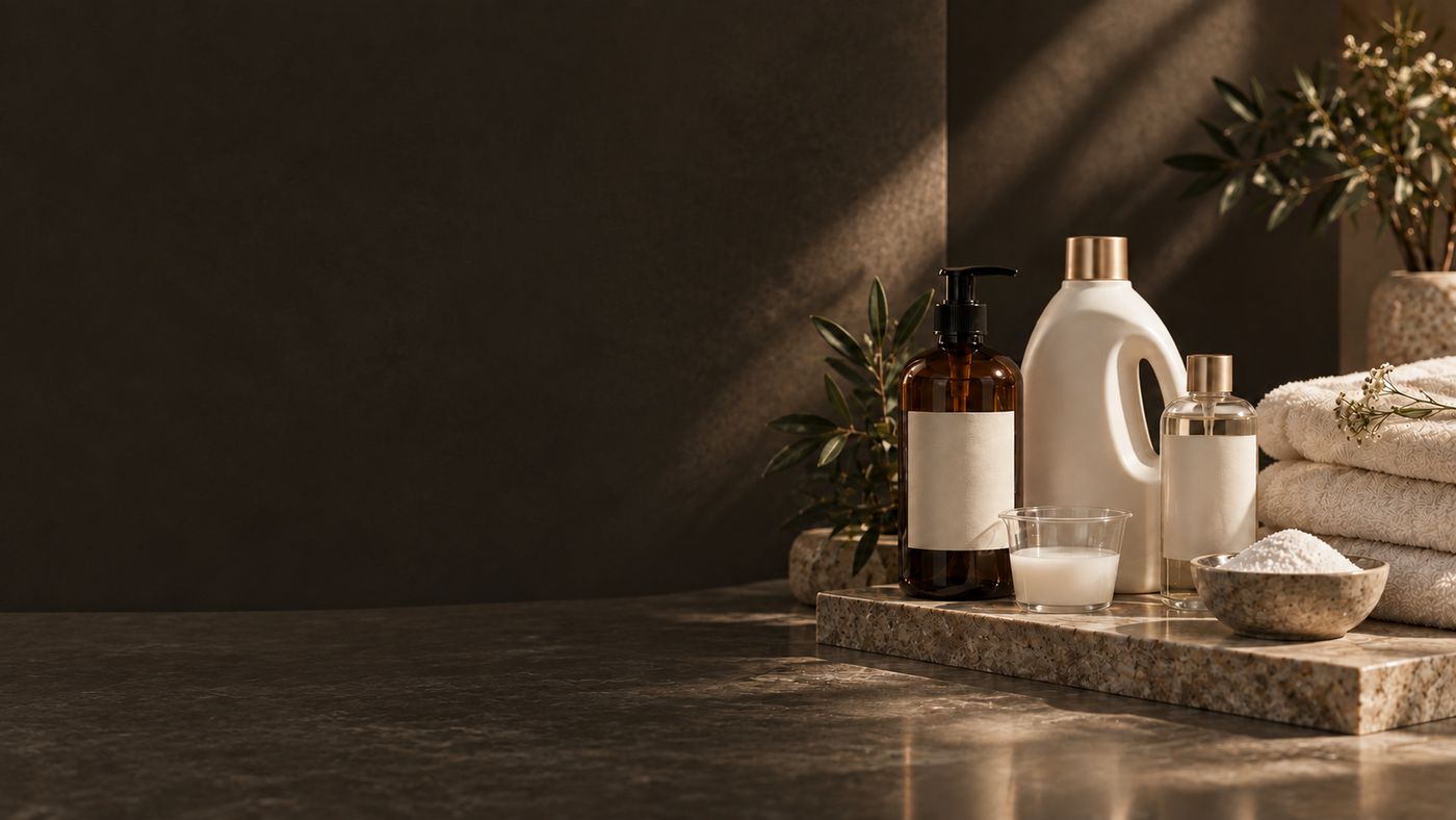 Professional laundry detergent bottles, a measuring cup of liquid and a bowl of powder beside folded cream towels on a marble slab, lit from the side against a dark wall.