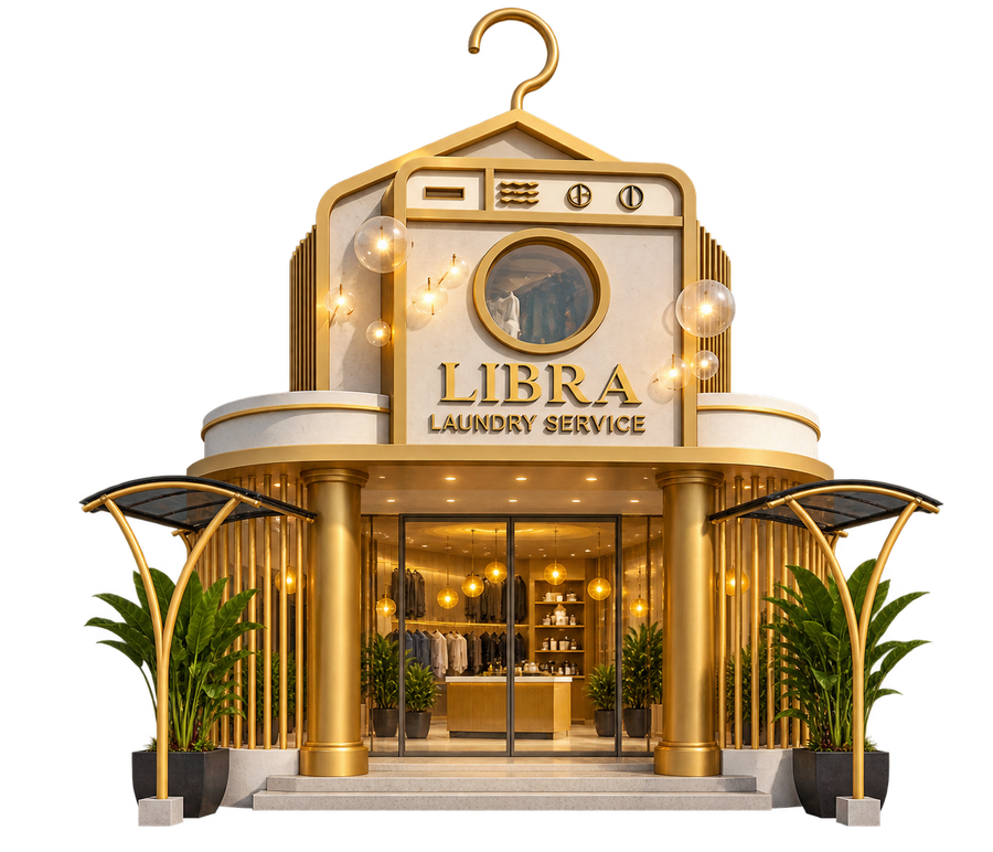 An illustration of the Libra Laundry shopfront: a gold hanger over a washing-machine facade, gold columns, glass doors and palms either side.