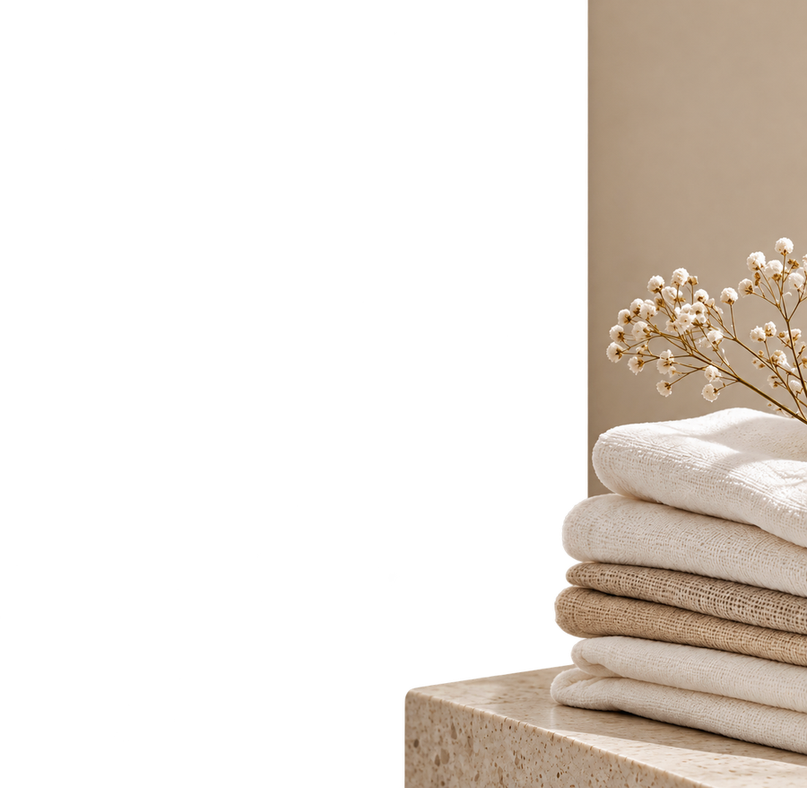 A stack of folded white and oatmeal towels on a stone ledge against a warm plaster wall, with a sprig of dried gypsophila.